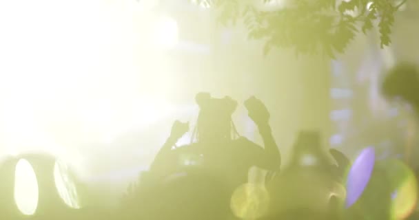 Silhouet Mensen Voor Een Podium Met Knipperende Lichten Menigte Van — Stockvideo