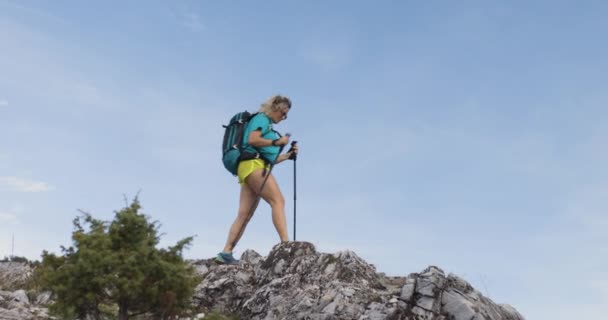 Hiker Girl Walking Rocky Terrain Mountains Standing Enjoying View — Video