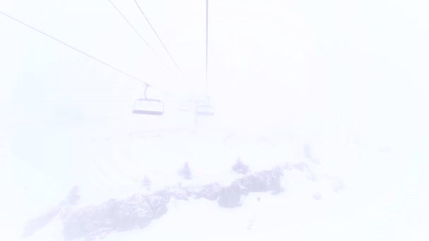 Six Person Chairlift Steel Cable Moving Clouds Foggy Weather Ski — Stockvideo