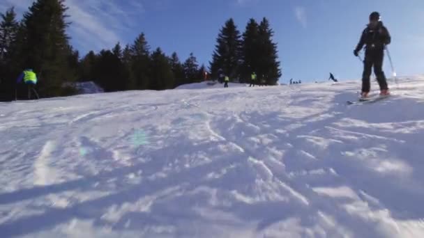 Male Skier Skiing Slopes Swiss Alps — Stockvideo