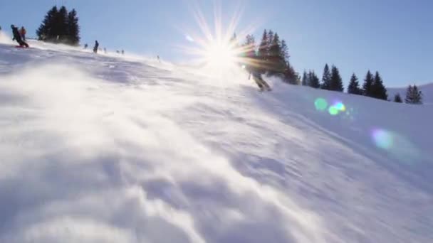 Male Skier Skiing Slopes Swiss Alps — Wideo stockowe