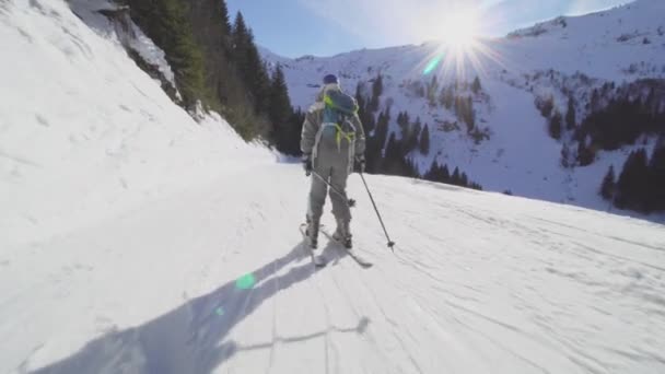Amateur Skier Skiing Slopes French Alps Beginner Girl Skies — Stock Video