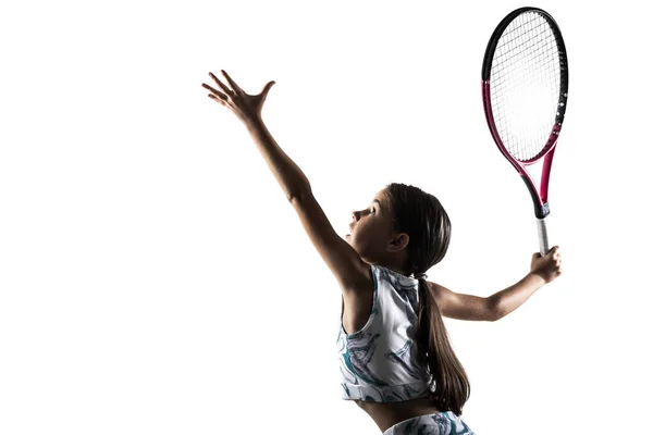 Giovane Tennista Donna Silhouette Bambina Posa Con Racchetta Palla Isolata — Foto Stock