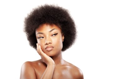 Beauty portraif of a cute african american girl with curly hair against white background