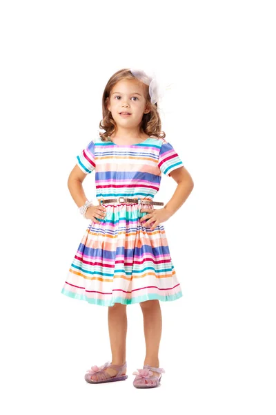 Счастливая Маленькая Девочка Красочном Платье Позируя Студии Изолированные Белом — стоковое фото