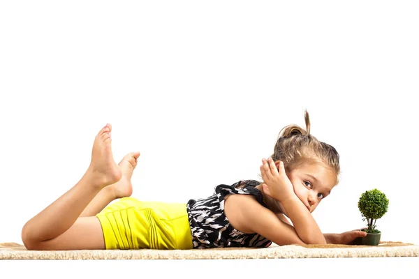 Cute Litthe Girl Lying Ground Playing Tiny Little Toy Tree — Stock Photo, Image