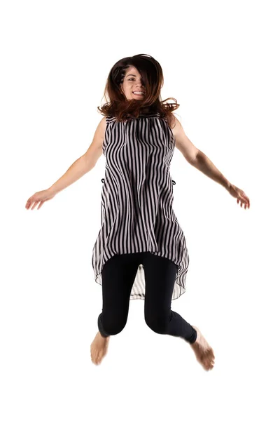 Happy Brunette Girl Jumping Air White Background — Stock Photo, Image