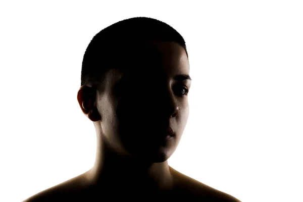 Sziluett Portré Egy Gyönyörű Fiatal Nagyon Rövid Haj Fehér Háttér — Stock Fotó