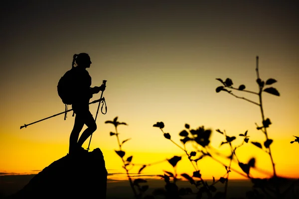 手を上げて岩の台座の上にハイカーの女の子のシルエット 美しいオレンジの夕日 — ストック写真