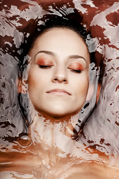 Underwater Beauty Portrait Beautiful Caucasian Girl Eyes Closed Red Colored — Stock Fotó