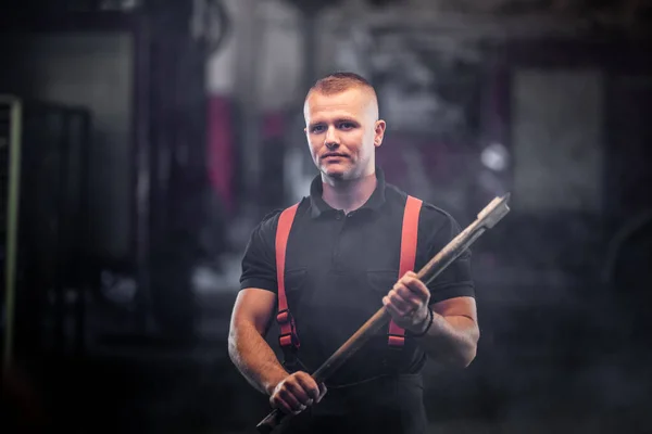 Firefighter Portrait Wearing Shirt Red Throuser Suspenders Holding Axe Smoke — Stock Photo, Image