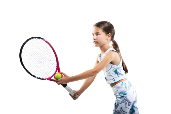 Ung Kvinnlig Tennisspelare Liten Flicka Poserar Med Racket Och Boll — Stockfoto