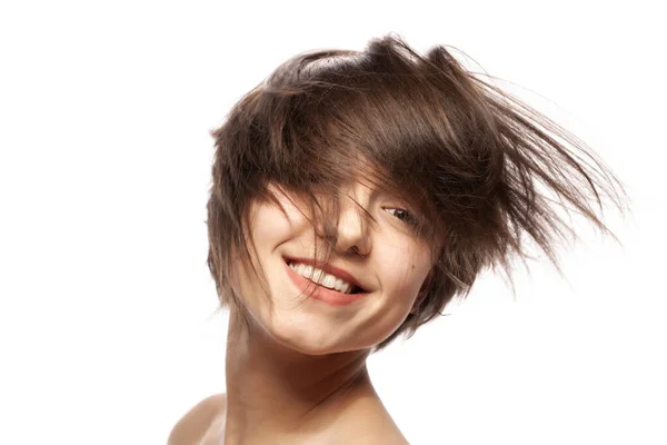 Magnifique Portrait Mode Fille Sourire Avec Les Cheveux Ondulés — Photo