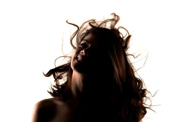 Sziluett Portré Egy Gyönyörű Lány Integető Hajjal — Stock Fotó