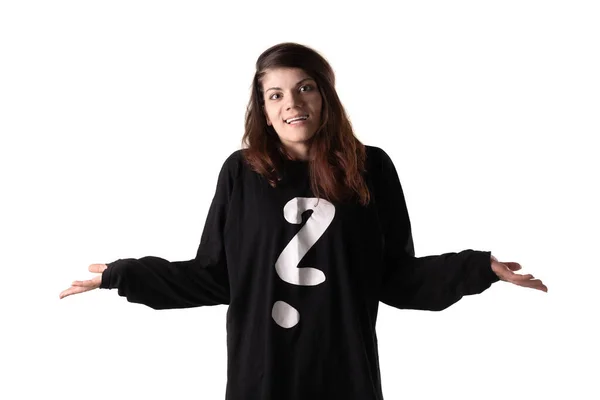 Portrait Girl Wearing Black Outfit White Question Mark Making Questionable — Stock Photo, Image