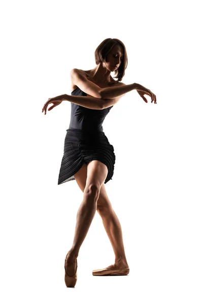 Bailarina Com Elegante Vestido Preto Posando Contra Fundo Branco — Fotografia de Stock