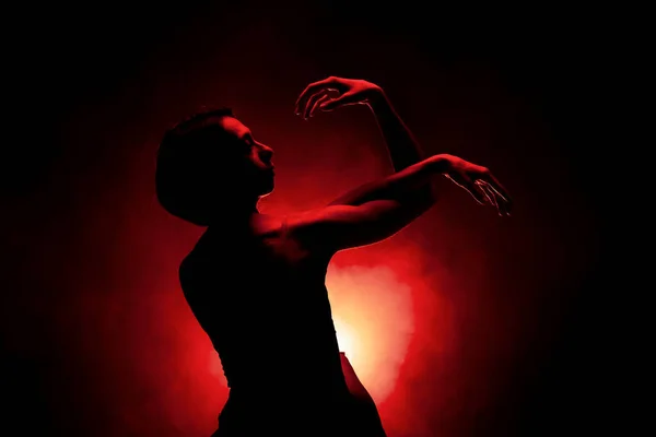 Силуэт Современной Артистки Балета Балерина Позирует Против Черного Дымом Заднем — стоковое фото