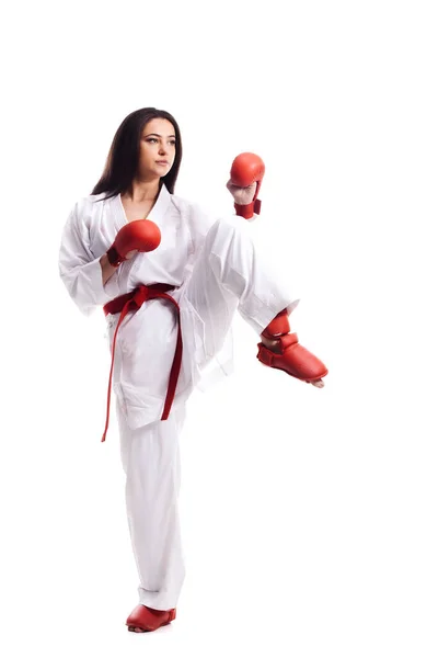 Chica Ejercicio Karate Pierna Patada Usando Kimono Guantes Rojos Contra — Foto de Stock