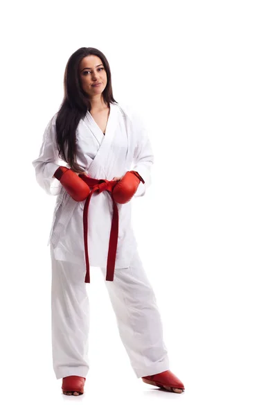 Menina Vestindo Quimono Luvas Vermelhas Exercitando Karatê Contra Fundo Branco — Fotografia de Stock