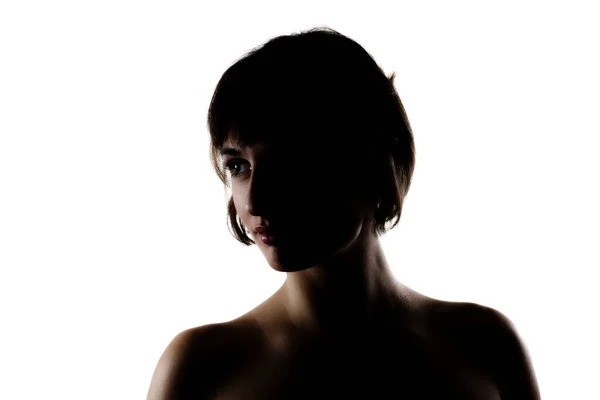 Silhouet Studio Portret Van Een Mooi Brunette Meisje Met Kort — Stockfoto