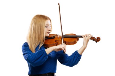 Beautiful blond girl playing violin. Female violinist isolated on white background.