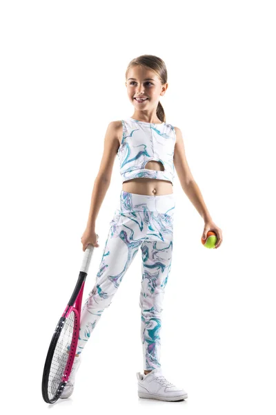 Joven Jugadora Tenis Niña Posando Con Raqueta Bola Aislada Sobre —  Fotos de Stock