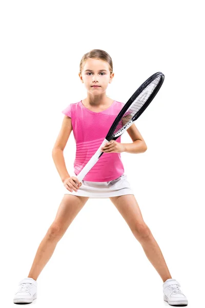 Giovane Tennista Abito Rosa Bambina Posa Con Racchetta Palla Isolata — Foto Stock