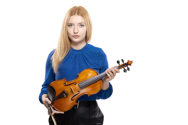 Elegant Blond Girl Violin Female Violinist Isolated White Background — Fotografia de Stock