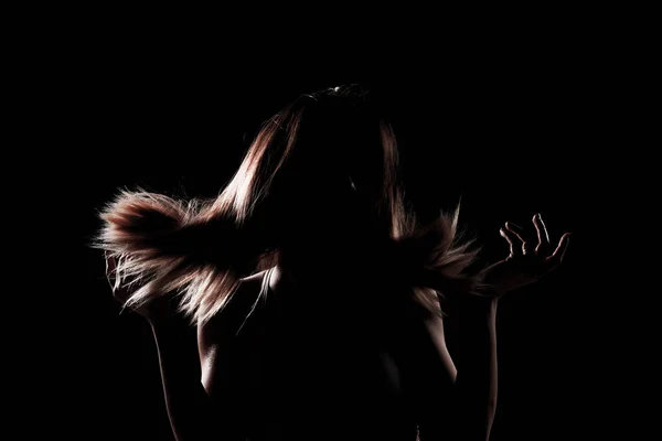 Silhouette Contour Beautiful Girl Blowing Hair Side Lit Studio Portrait — Stock Photo, Image