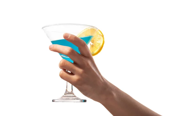 Fille Détendre Avec Cocktail Bleu Isolé Sur Fond Blanc Summer — Photo