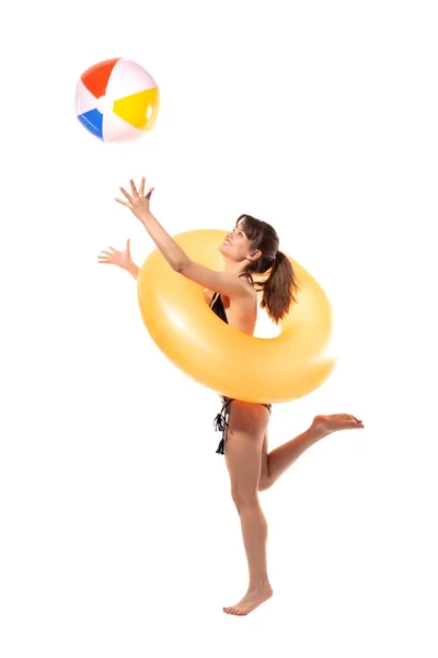 Mooie Jonge Sexy Vrouw Zwart Zwempak Springen Met Oranje Opblaasbare — Stockfoto