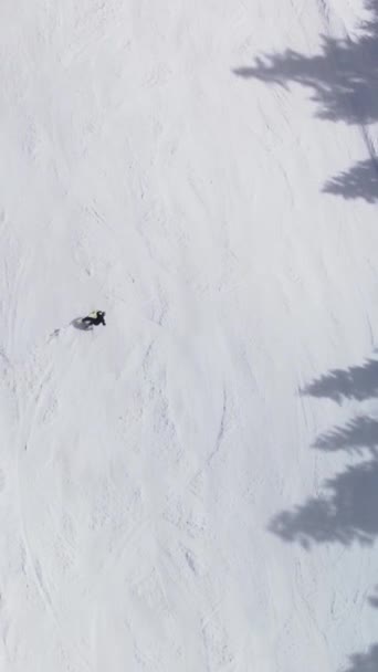 Geavanceerde Skiër Skiën Geprepareerde Piste Professioneel Snijden Verticale Luchtvideo — Stockvideo