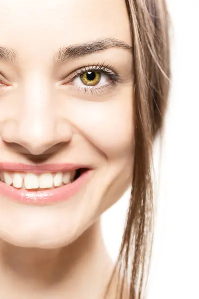 Detailní Portrét Ženy Veselým Výrazem Šťastně Usmívající — Stock fotografie