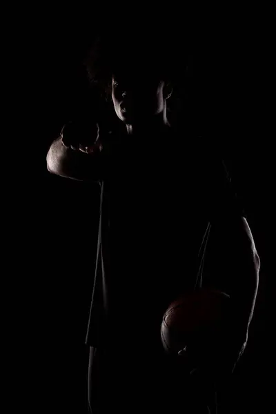 Basketball Player Holding Ball Making Fist Young African American Sports — ストック写真