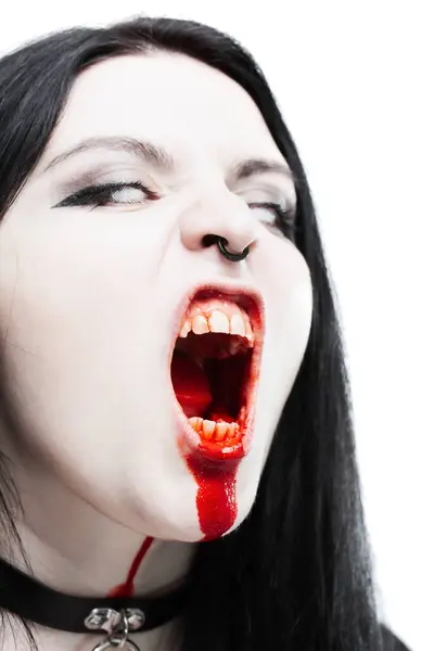Garota Gótica Assustadora Com Olhos Brancos Boca Sangrenta Gritando Imagens Royalty-Free