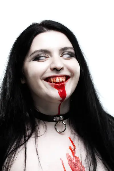 Gotická Dívka Bílýma Očima Krvavými Ústy Úsměvem Stock Obrázky