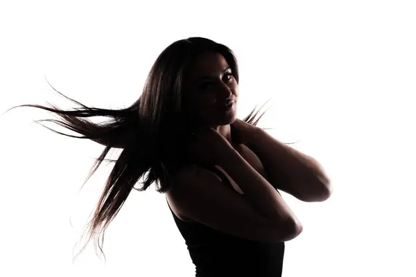 Силует Молодої Жінки Довгим Волоссям Повітрі Ізольовані Білому Тлі Стокове Фото