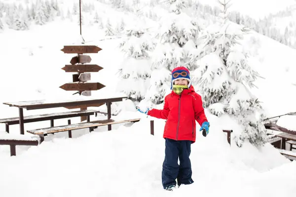 Little Boy Cold Winter Day Mountains Playing Snow Throwing Snow Stockbild