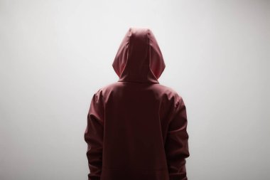 Kestane rengi kapüşonlu bir kadın arka planda sade bir ışığa karşı duruyor. Görüntü bir gizem ve anonimlik hissi uyandırıyor..