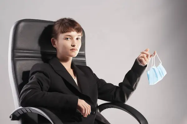 Serious Young Woman Business Attire Sits Office Chair Holding Blue Stock Picture