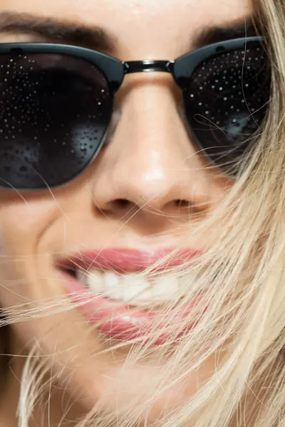 Close Image Captures Young Woman Sunglasses Highlighting Details Her Smile Stock Photo
