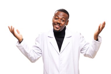 A confident man in a white lab coat stands against a white background, expressing a gesture of uncertainty. This image portrays concepts of doubt, question, and confidence in a professional setting. clipart