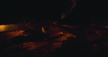 Şöminede yanan odunlar. Küçük alevler ve sıcak kömür. Ateş 50 fps 'de kaydedildi.