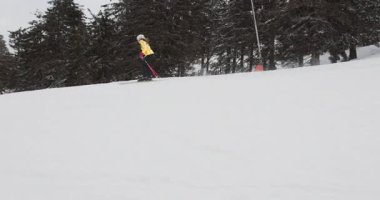 Bir kayakçı zarif bir şekilde el değmemiş, beyaz bir yamaçta süzülür. Görkemli dağların ve yemyeşil ağaçların arka planına karşı taze toz içinde hünerli dönüşler gösterir..