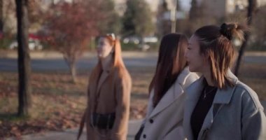 Tarz sahibi arkadaşlar, gülerek ve sohbet ederek sonbaharda birlikte yürüyüş yaparlar.