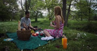 Genç bir çift, yemyeşil ve temiz havayla çevrili bir parkta romantik bir pikniğin tadını çıkarıyor..
