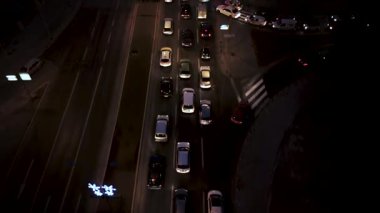 Traffic jam at night. Aerial view from above