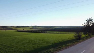 Green fields and power lines stretch across the Greek landscape, offering a serene view of nature and electricity infrastructure.