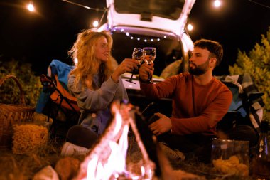 Two people are sharing a special moment by a campfire under the stars. They are raising their glasses in a toast, surrounded by nature and festive lights.