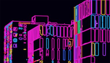 Gece şehri neon ışığı, neon tarzı, 3 boyutlu illüstrasyon, arka plan, bina, gece illüstrasyonunda ışık manzarası.